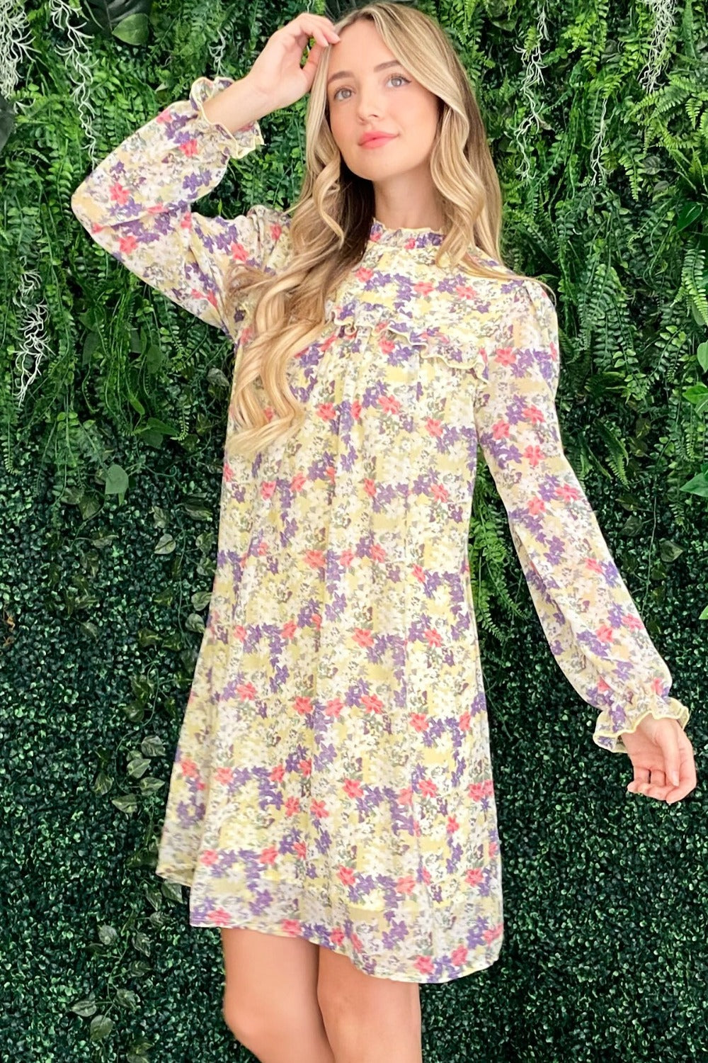 And The Why Floral Mock Neck Flounce Sleeve Dress-Angel Casuals