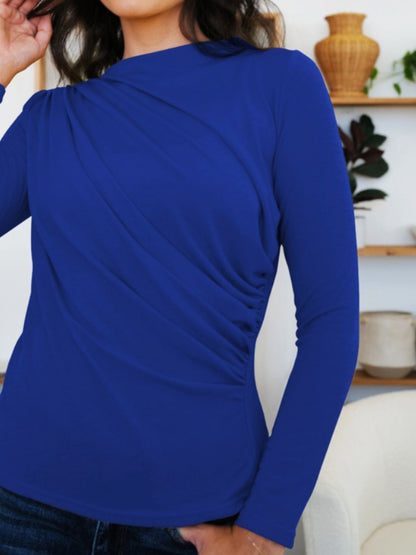 FAM-FAM Ruched Mock Neck Long Sleeve T-Shirt-Angel Casuals