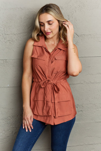 Ninexis Follow The Light Sleeveless Collared Button Down Top-Angel Casuals