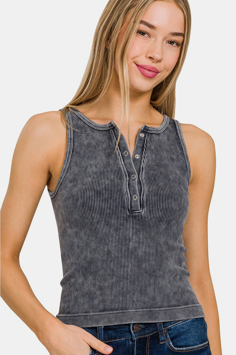 Zenana Washed Ribbed Half Snap Seamless Tank-Angel Casuals