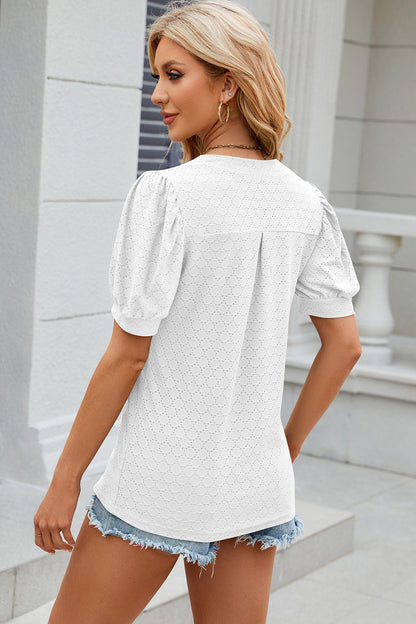 Eyelet Notched Puff Sleeve T-Shirt-Angel Casuals
