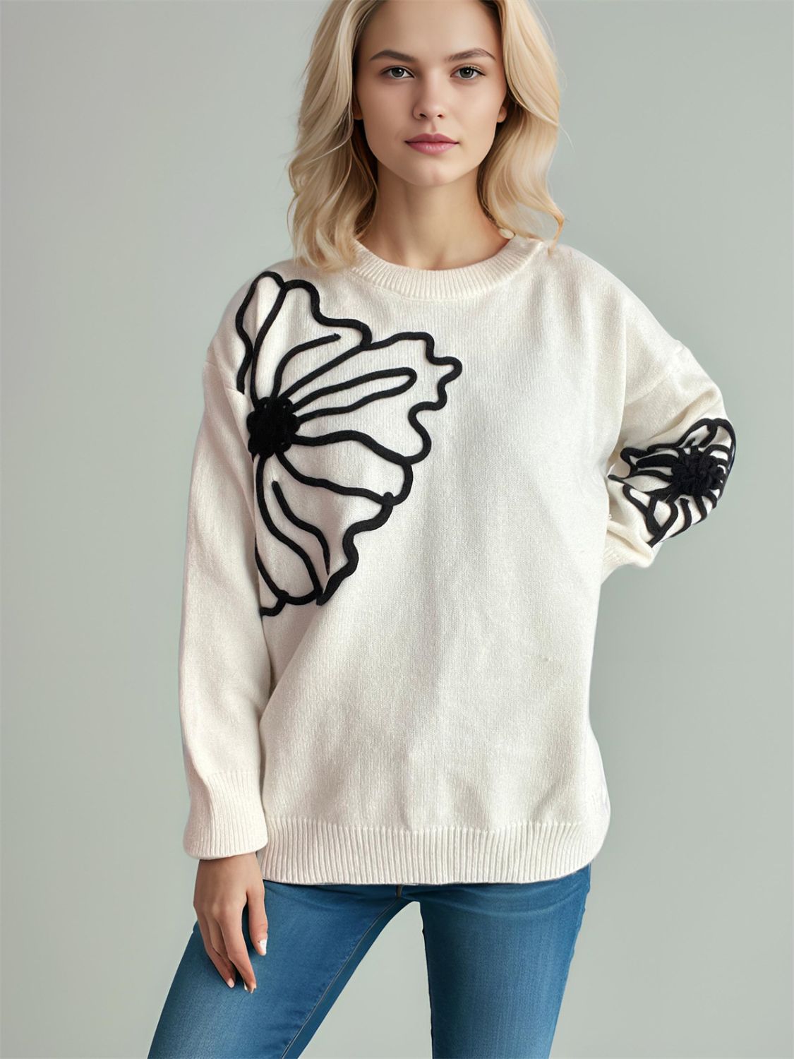 Flower Round Neck Long Sleeve Sweater-Angel Casuals