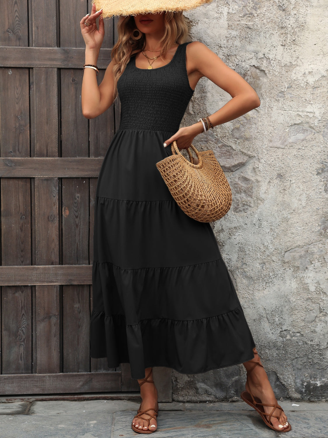 Smocked Scoop Neck Sleeveless Tank Dress-Angel Casuals