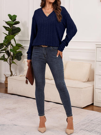 Ribbed V-Neck Long Sleeve T-Shirt-Angel Casuals