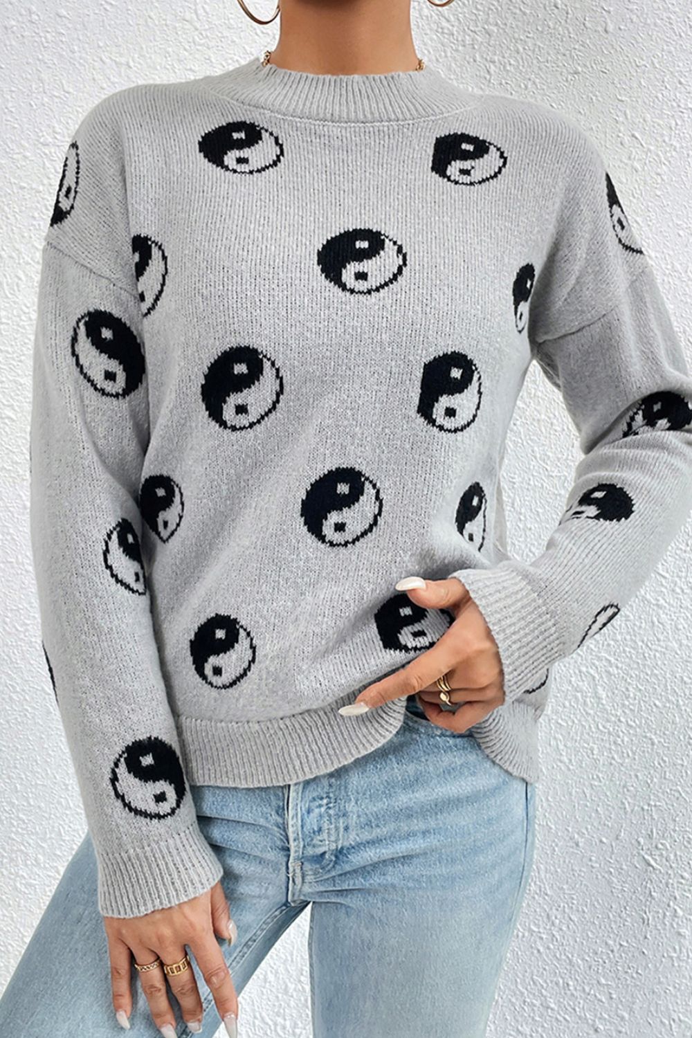 Graphic Mock Neck Dropped Shoulder Sweater-Angel Casuals