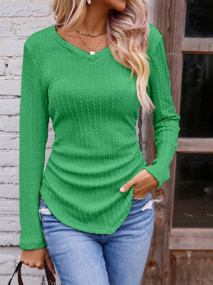 Textured Ruched V-Neck Long Sleeve T-Shirt-Angel Casuals