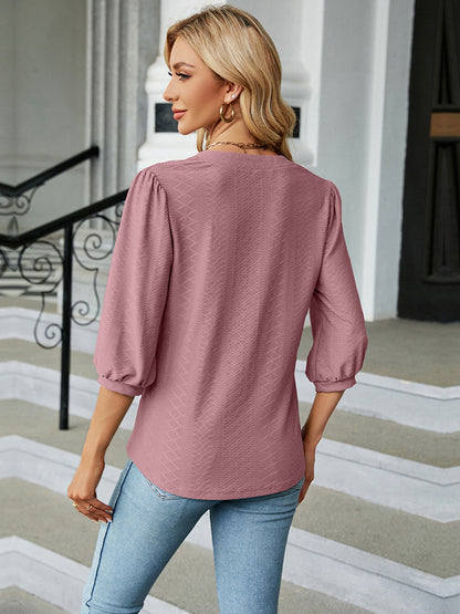 Notched Neck Three-Quarter Sleeve Blouse-Angel Casuals