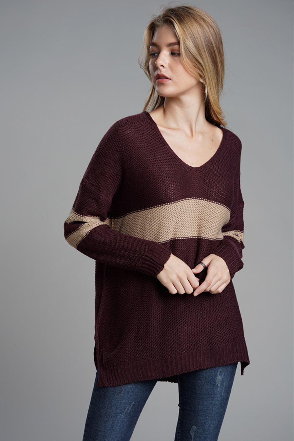 Slit Contrast V-Neck Long Sleeve Sweater-Angel Casuals