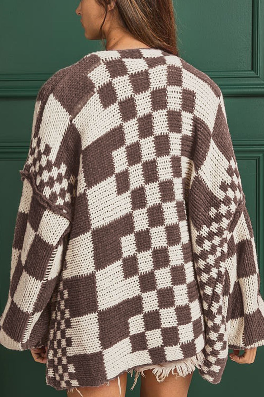 Checkered Open Front Long Sleeve Cardigan-Angel Casuals