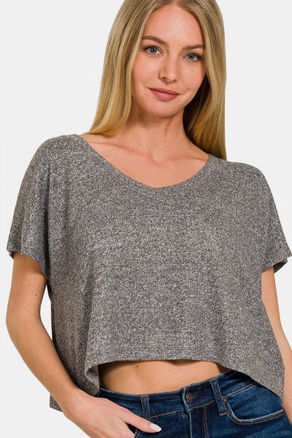 Zenana V-Neck Short Sleeve Cropped T-Shirt-Angel Casuals