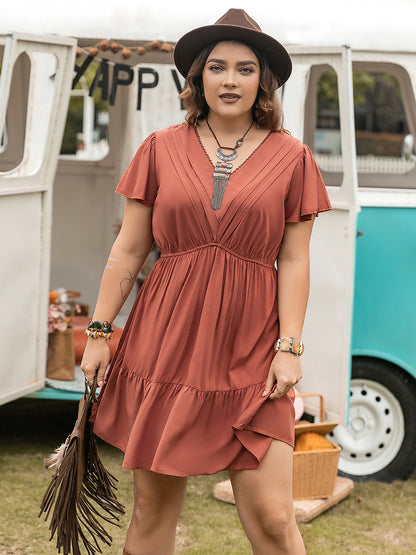 Plus Size Ruffle Hem V-Neck Short Sleeve Dress-Angel Casuals