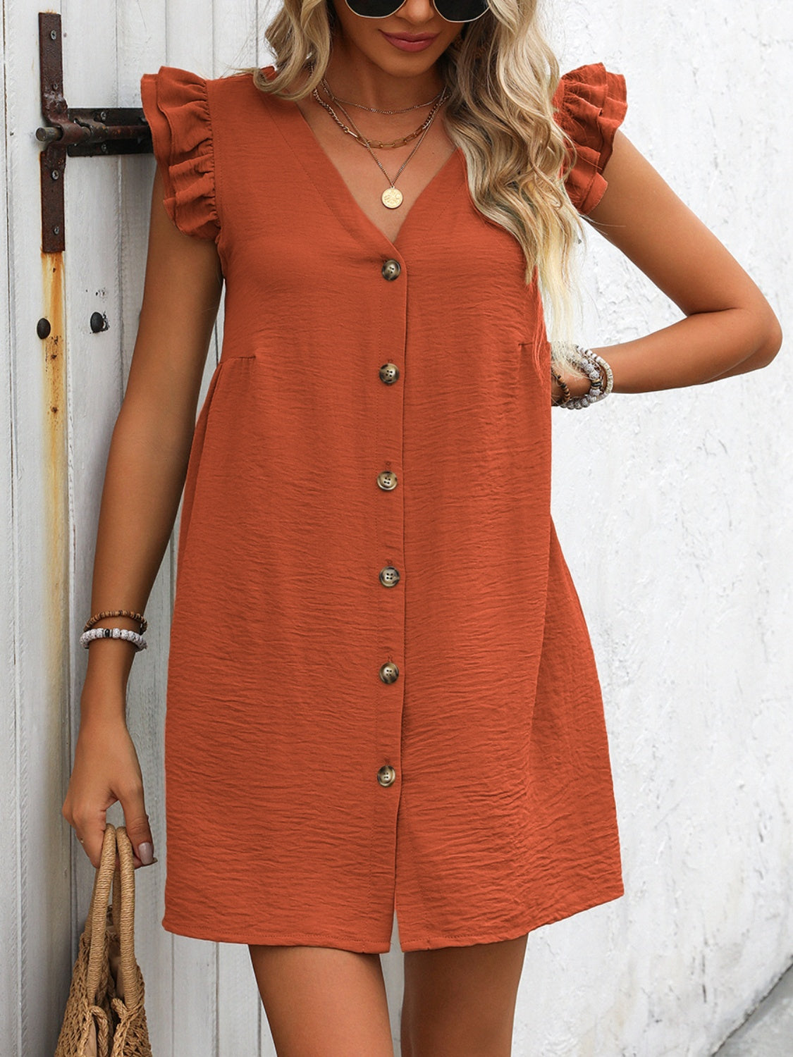 Button Up V-Neck Cap Sleeve Mini Dress-Angel Casuals