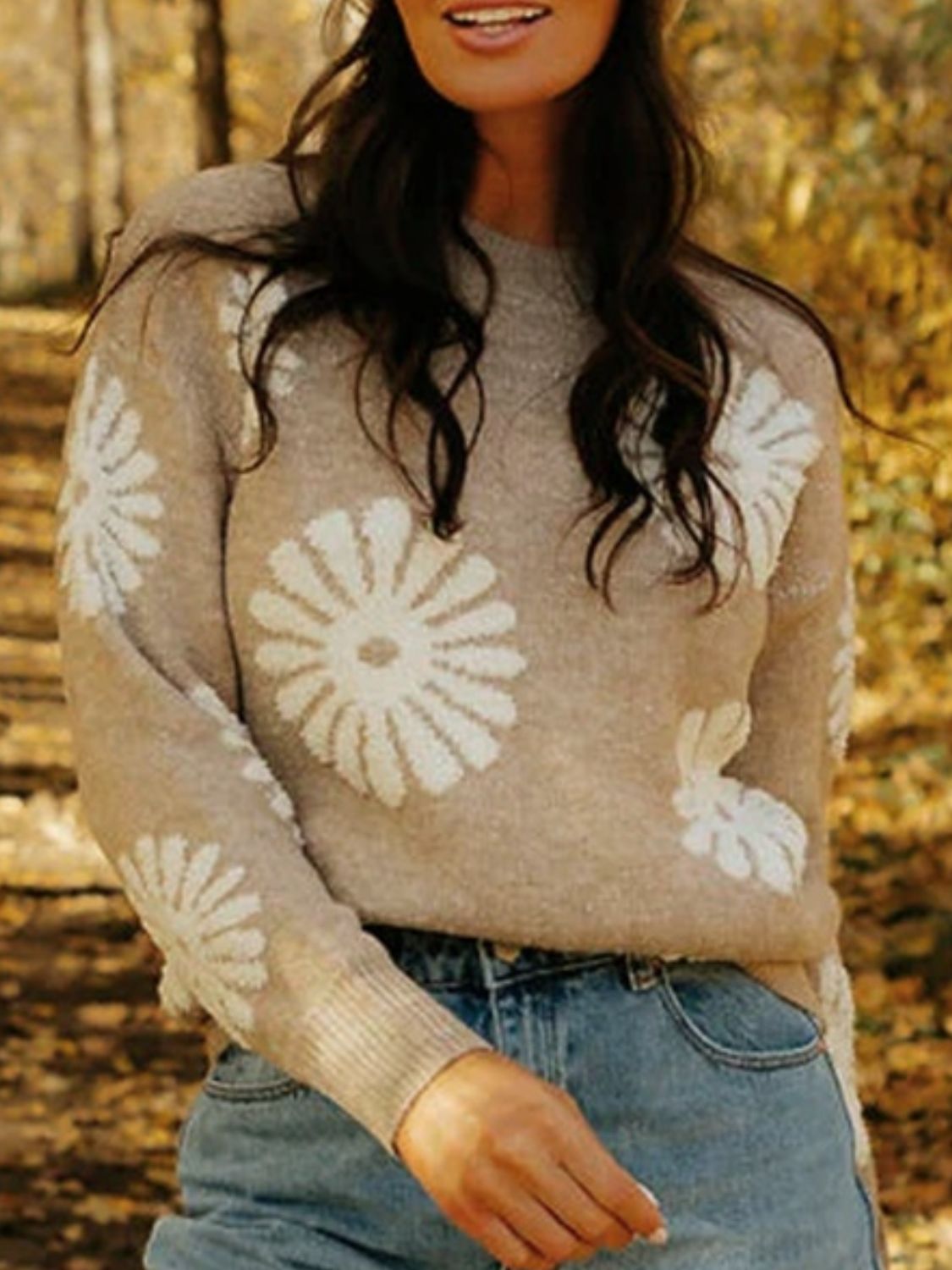 Perfee Flower Round Neck Long Sleeve Sweater-Angel Casuals