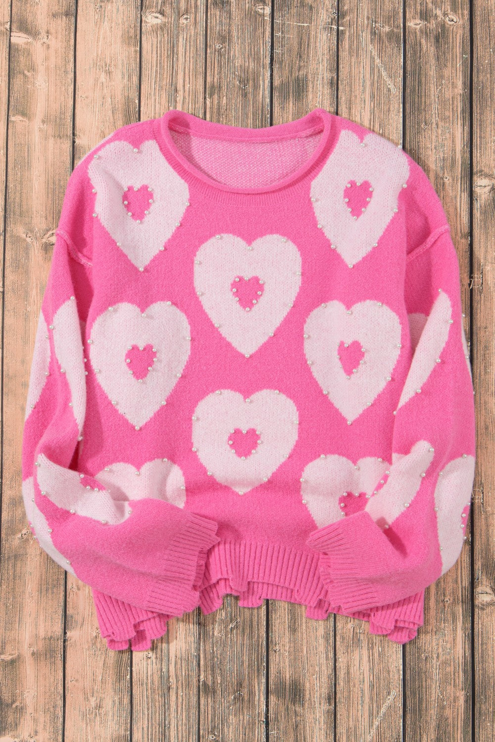Pearl Detail Heart Round Neck Long Sleeve Sweater-Angel Casuals