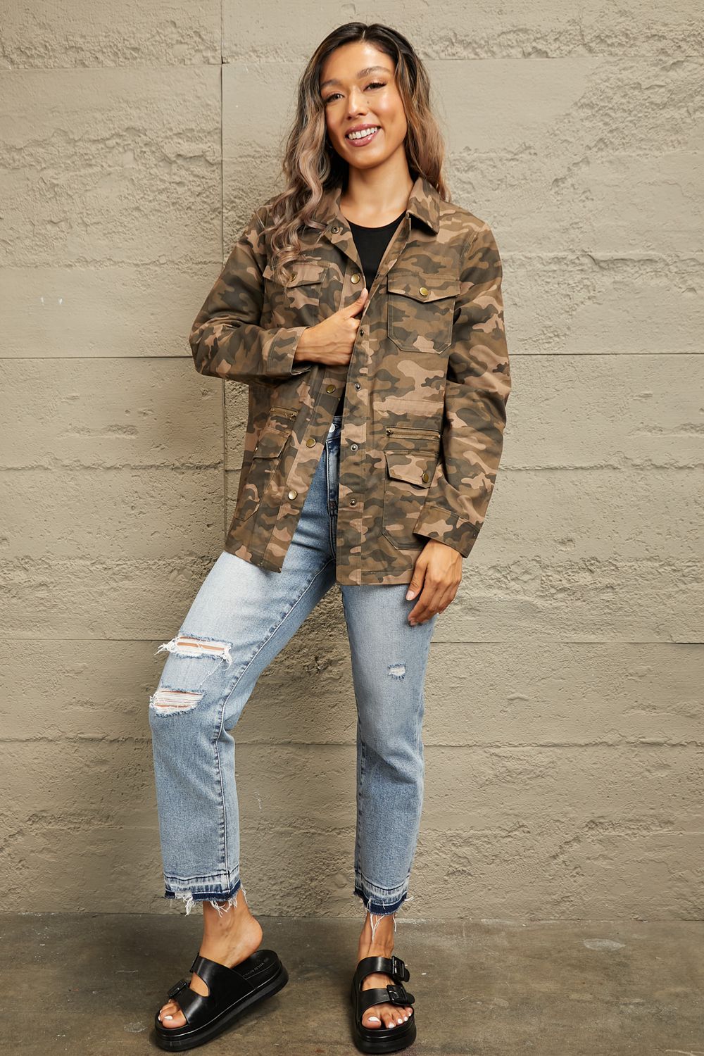 Double Take Camouflage Snap Down Jacket-Angel Casuals