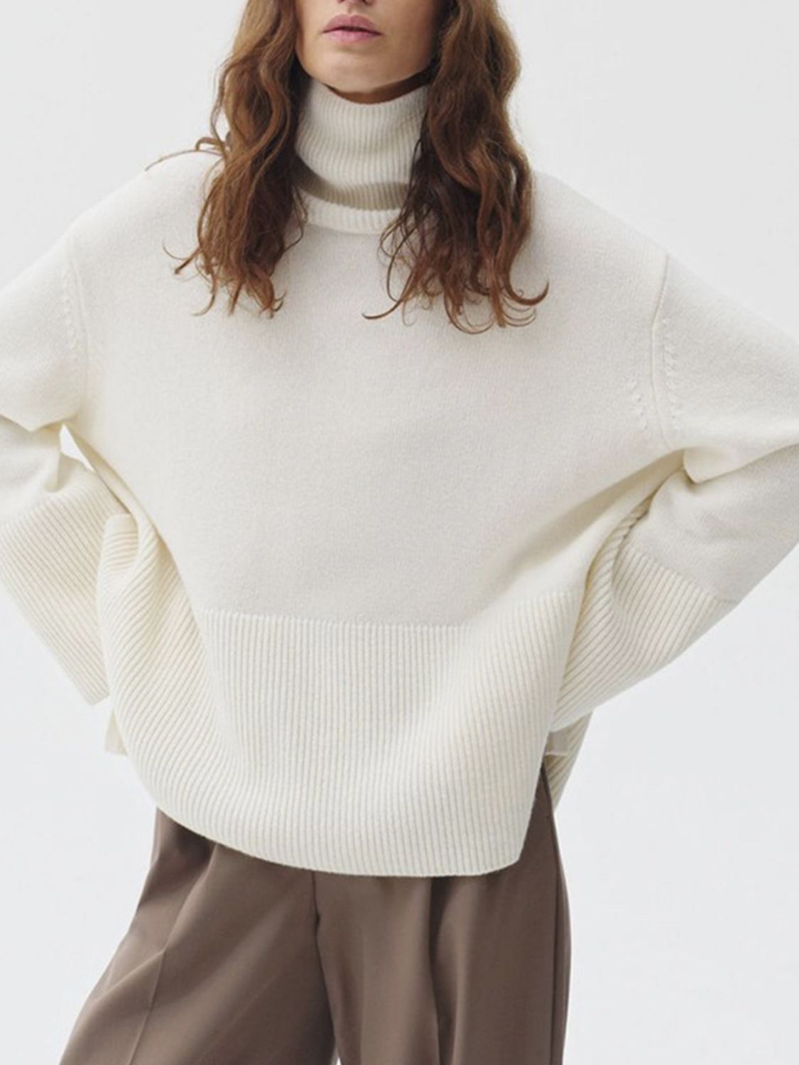 Side Slit Turtleneck Drop Shoulder Sweater-Angel Casuals