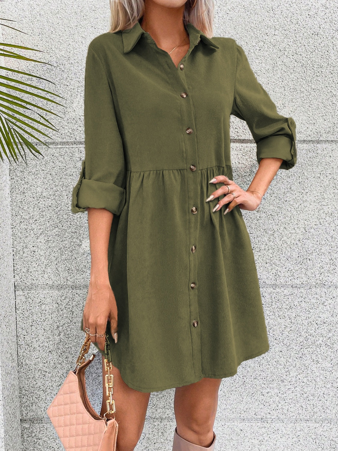 Button Up Collared Neck Long Sleeve Dress-Angel Casuals