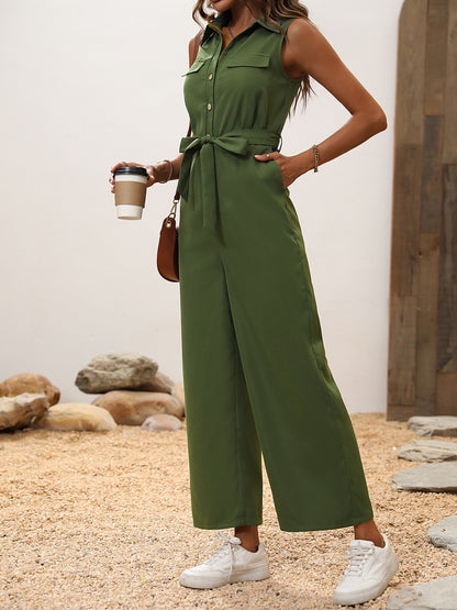 Tie Waist Sleeveless Wide Leg Jumpsuit-Angel Casuals