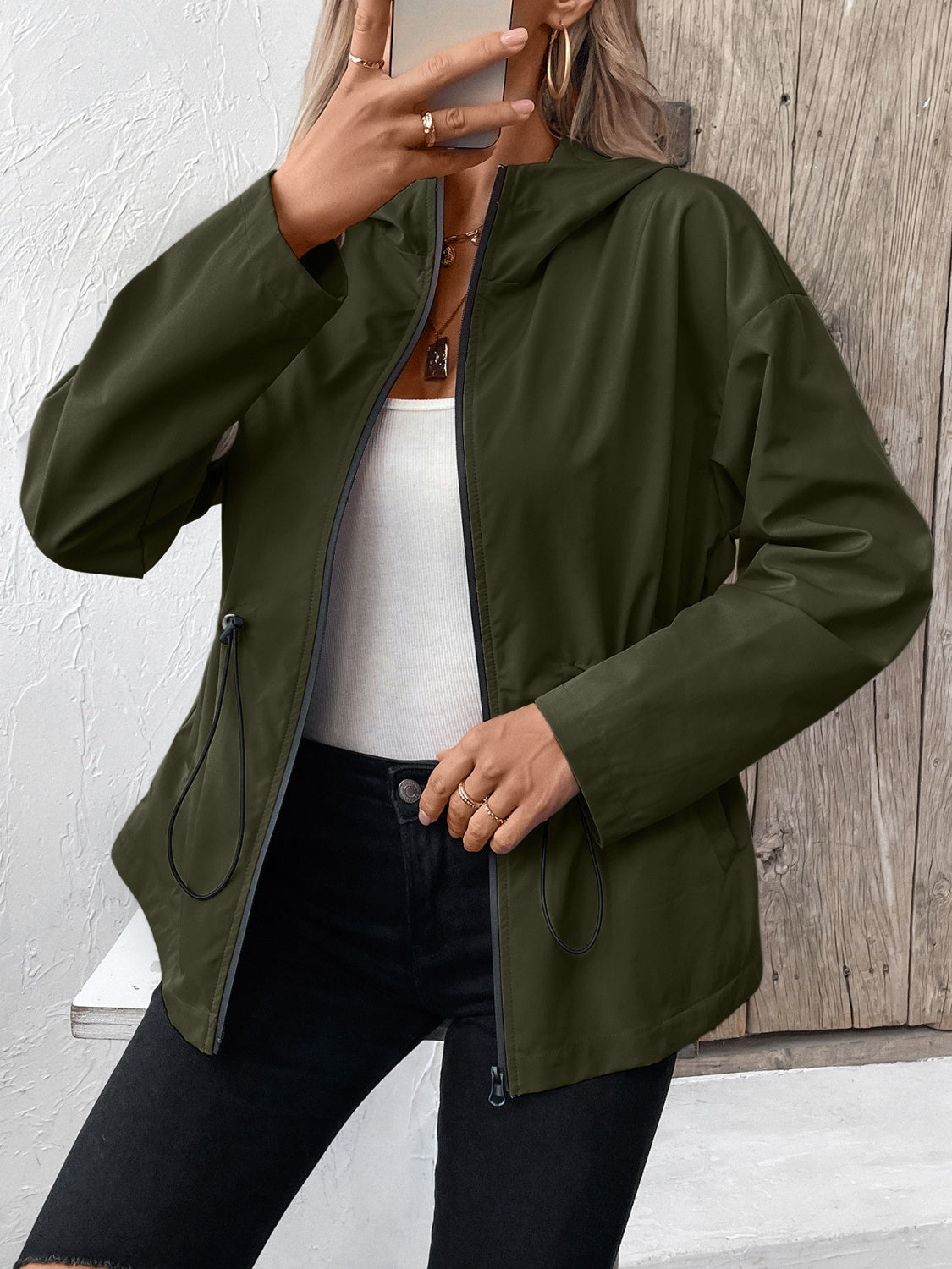 Ivy Lane Drawstring Zip Up Hooded Jacket-Angel Casuals