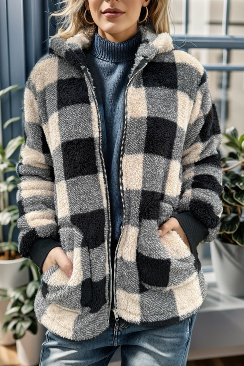 Double Take Full Size Plaid Long Sleeve Hooded Coat-Angel Casuals