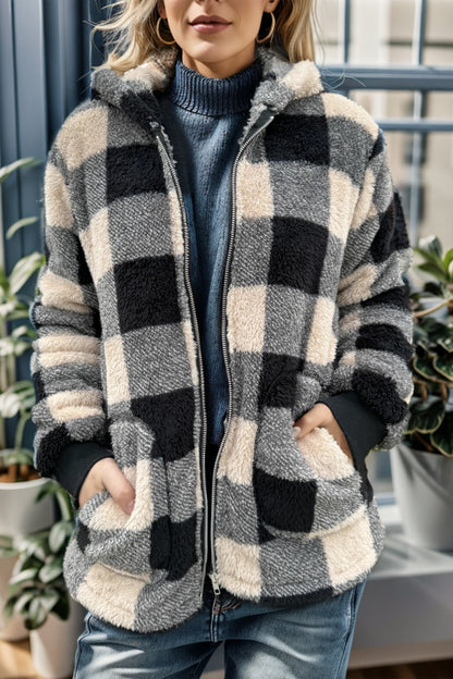 Double Take Full Size Plaid Long Sleeve Hooded Coat-Angel Casuals