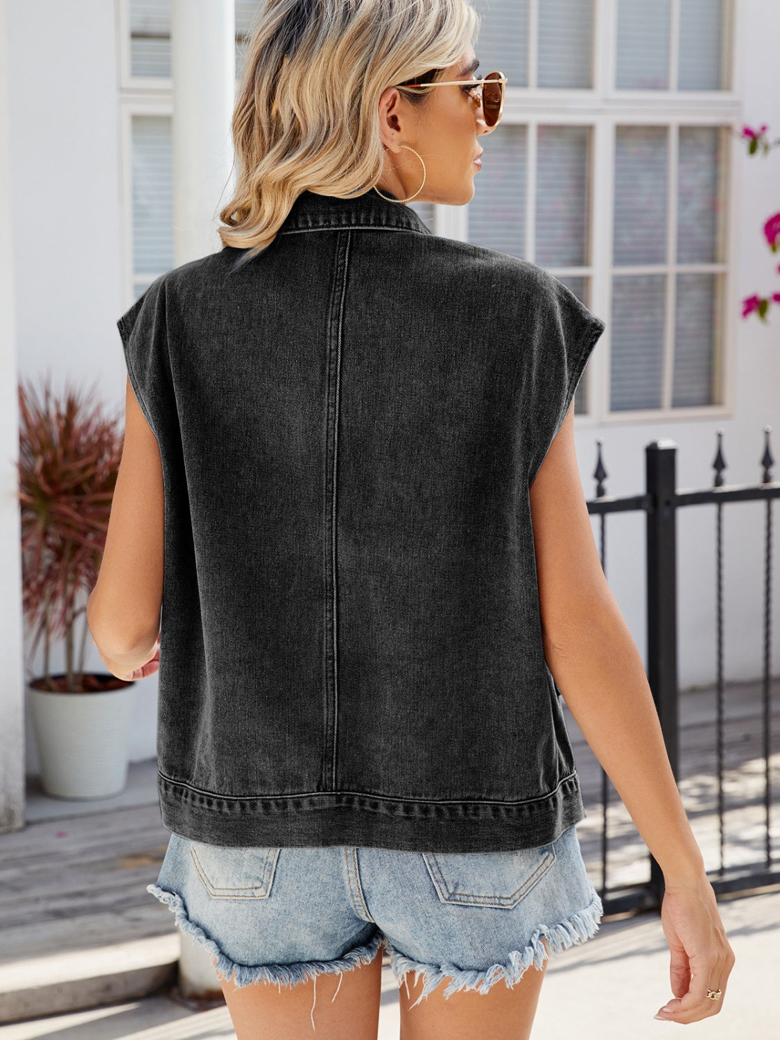 Pocketed Button Up Sleeveless Denim Jacket-Angel Casuals