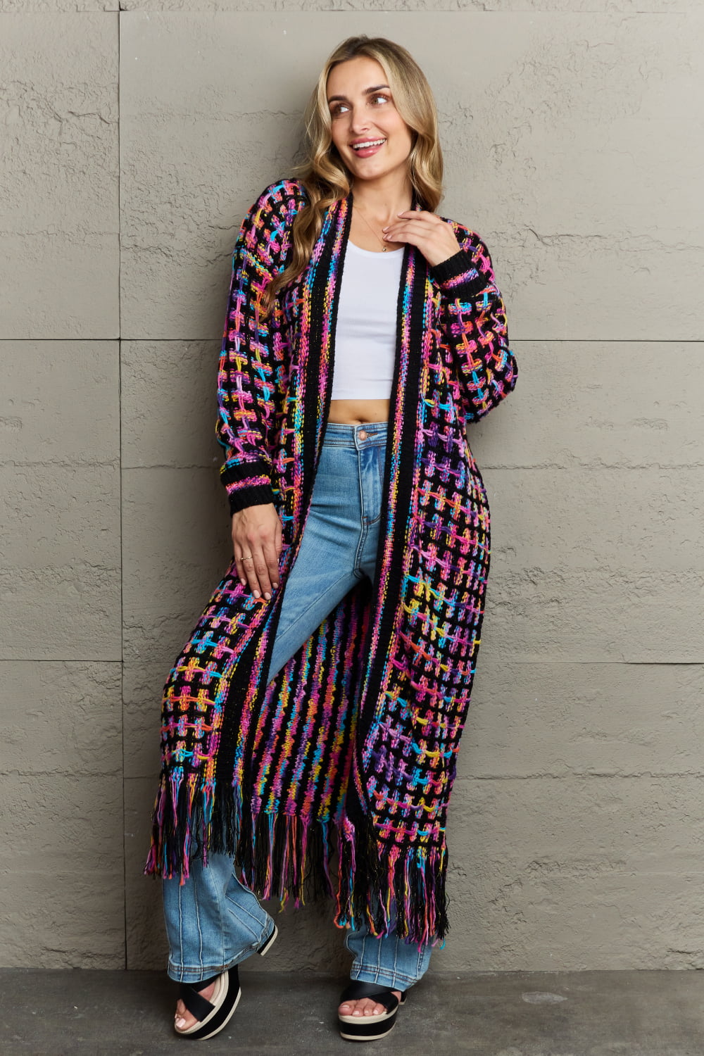 Multicolored Open Front Fringe Hem Cardigan-Angel Casuals