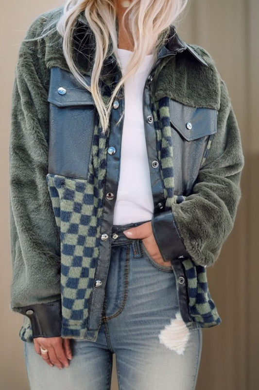 Pocketed Checkered Collared Neck Snap Down Jacket-Angel Casuals