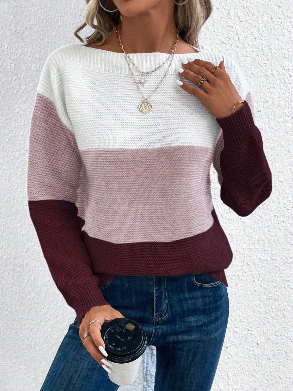 Color Block Boat Neck Sweater-Angel Casuals