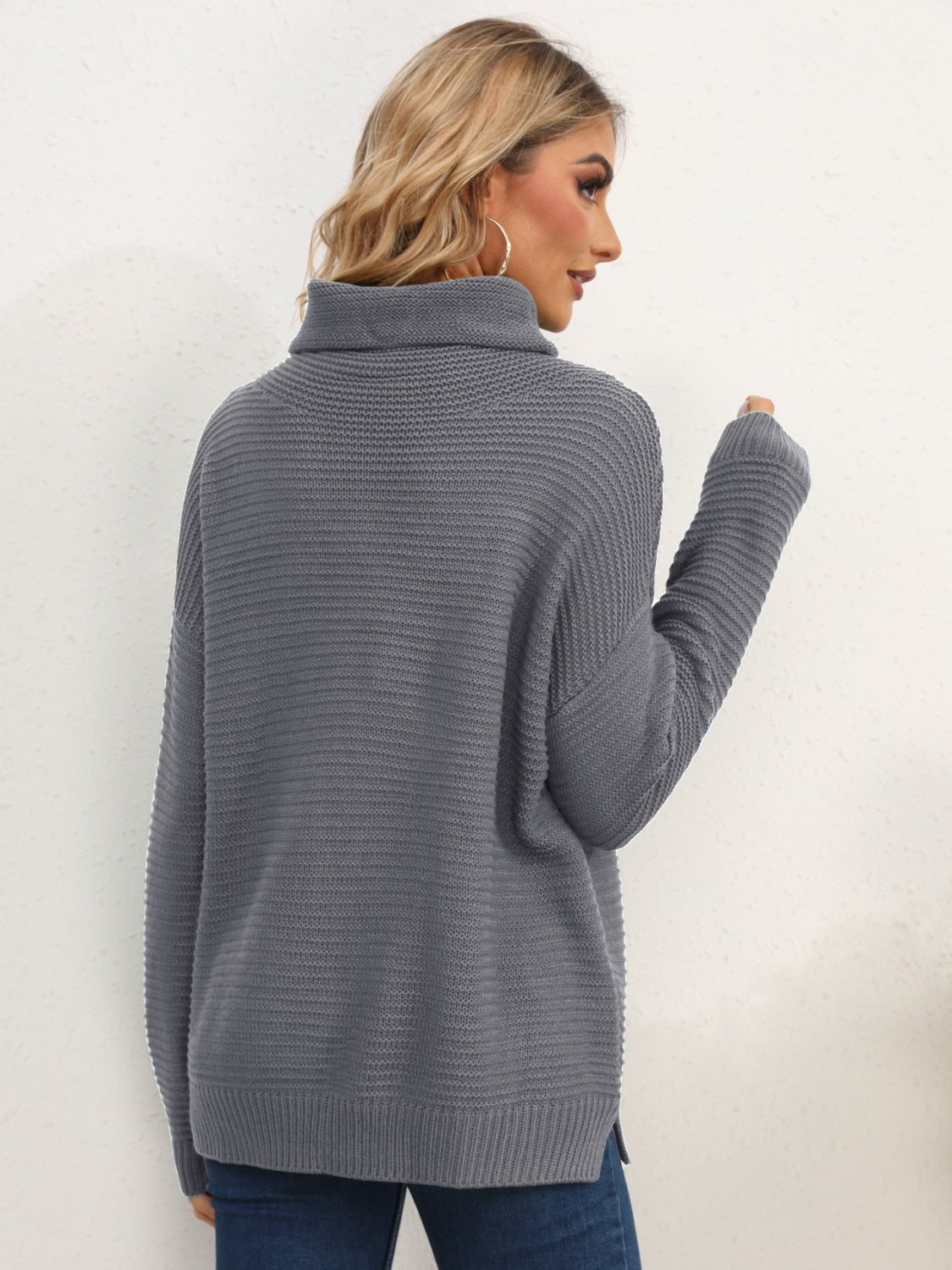 Slit Turtleneck Dropped Shoulder Sweater-Angel Casuals