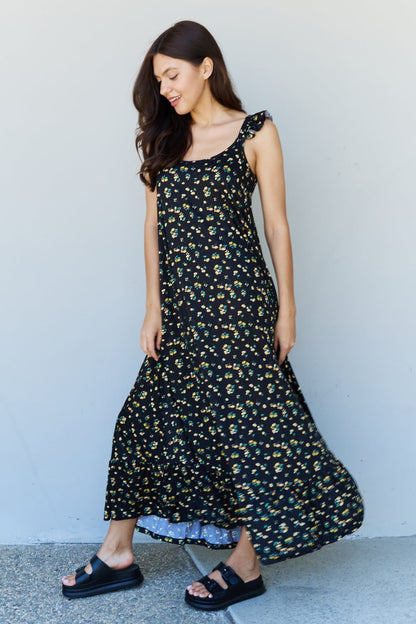 Doublju In The Garden Ruffle Floral Maxi Dress in Black Yellow Floral-Angel Casuals