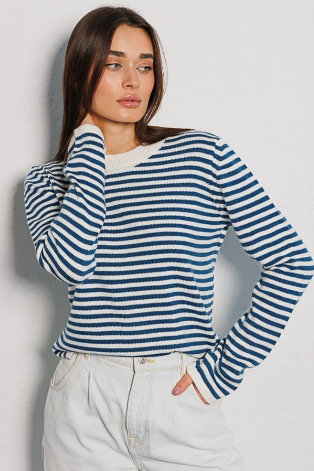 Striped Round Neck Long Sleeve Sweater-Angel Casuals