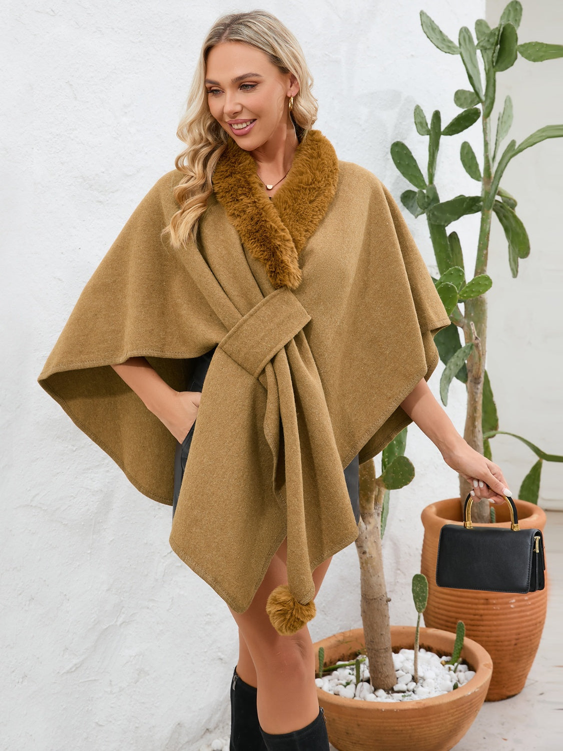 Fuzzy Trim Open Front Poncho-Angel Casuals