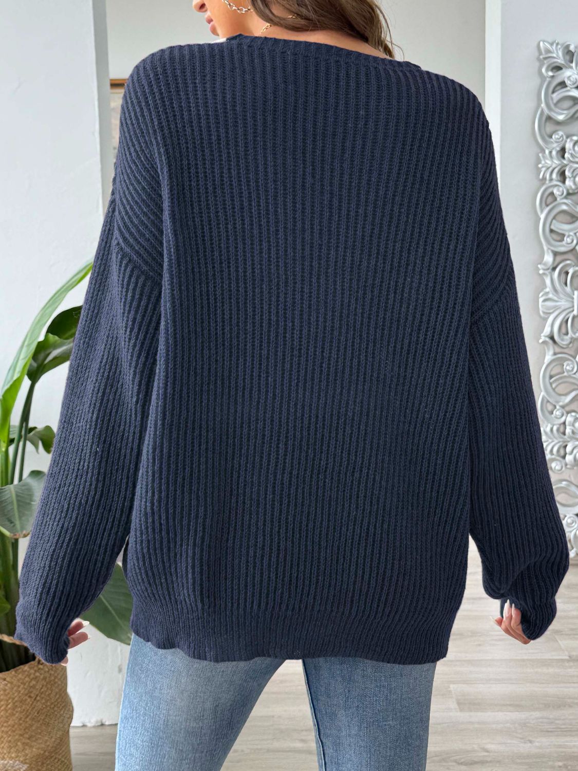 Contrast Dropped Shoulder Long Sleeve Sweater-Angel Casuals