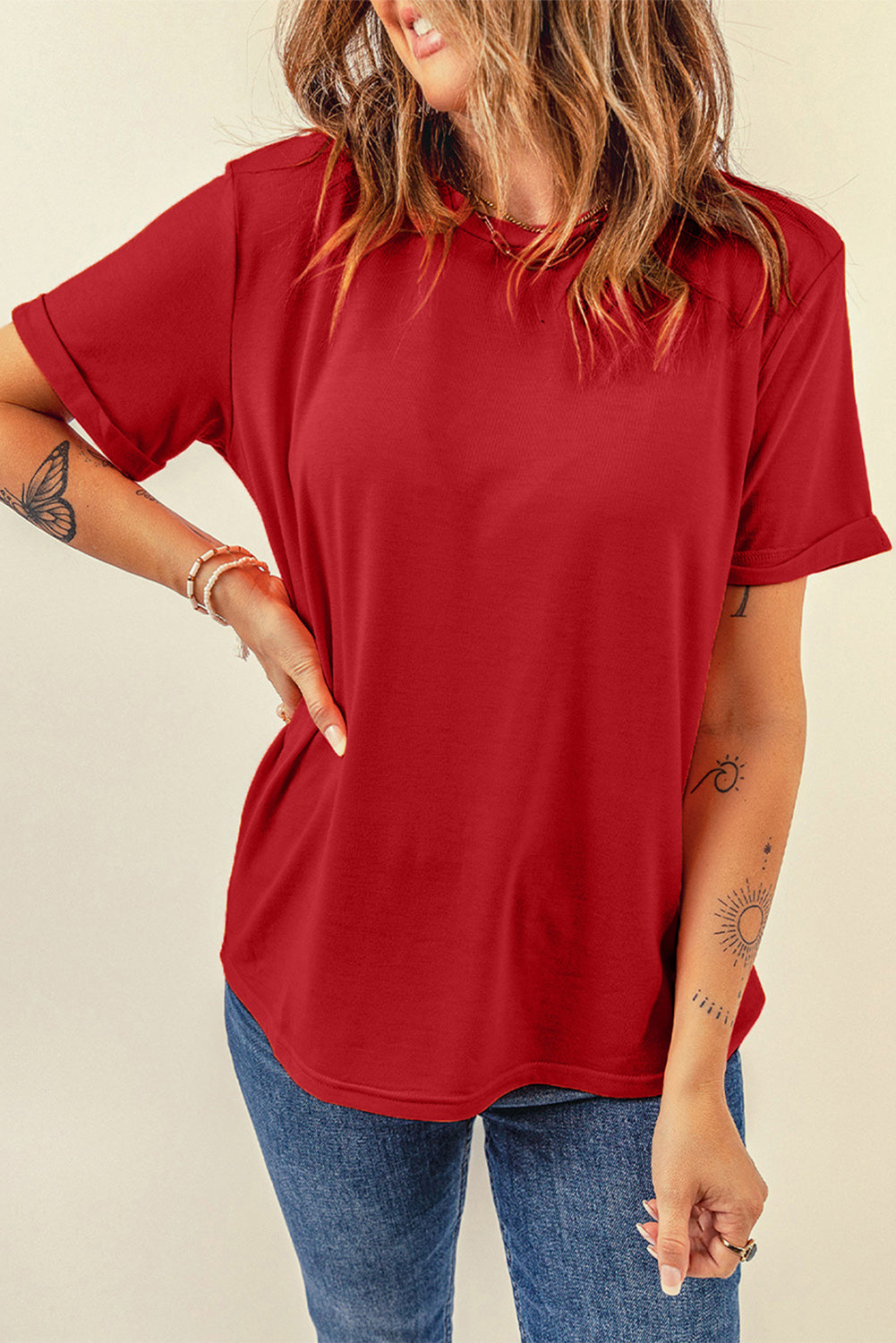 Round Neck Cuffed Short Sleeve Tee-Angel Casuals