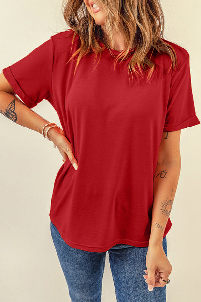 Round Neck Cuffed Short Sleeve Tee-Angel Casuals