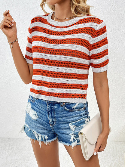 Openwork Striped Round Neck Short Sleeve Knit Top-Angel Casuals