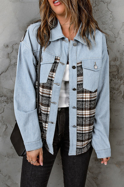 Plaid Pocketed Button Up Denim Jacket-Angel Casuals