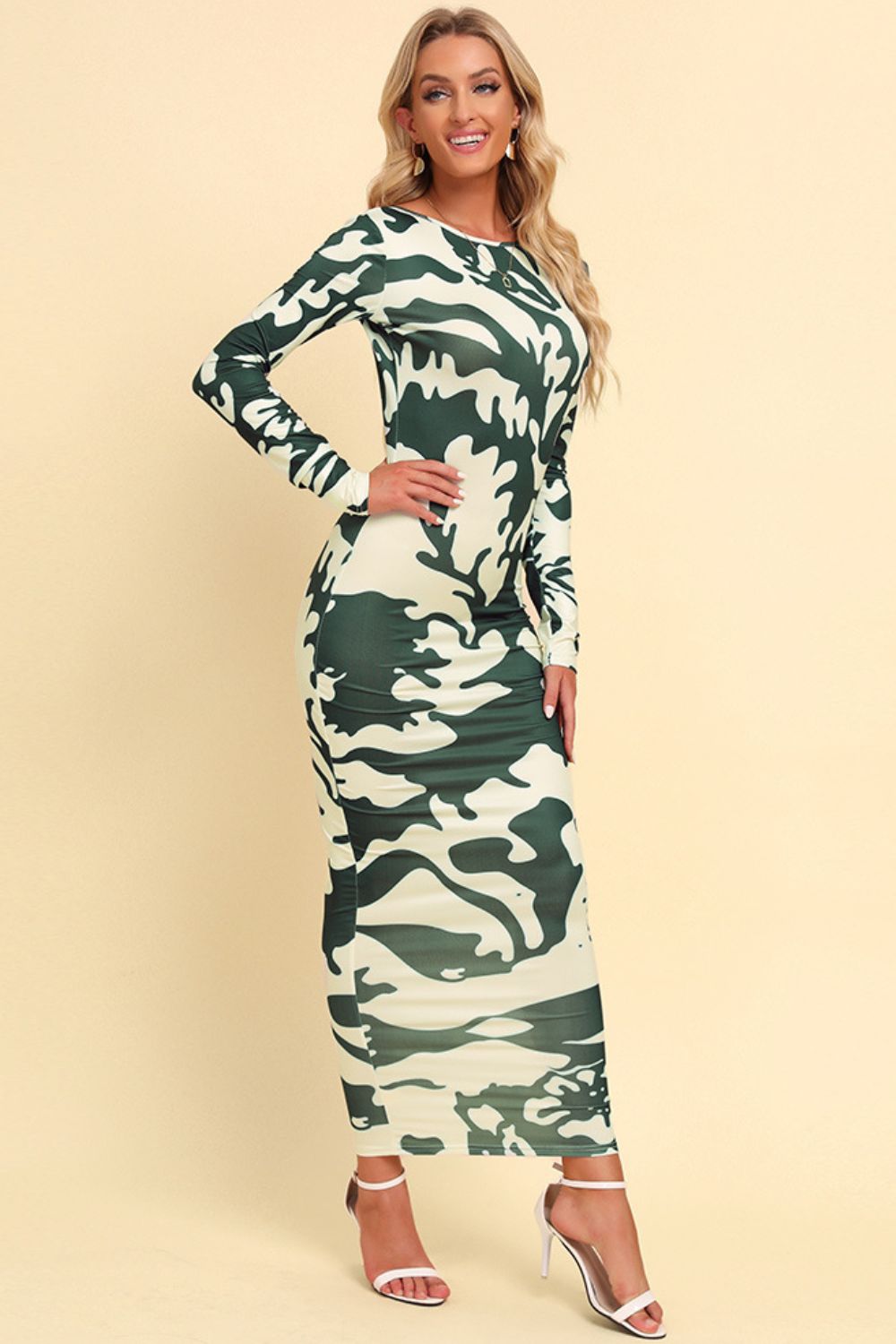 Printed Backless Long Sleeve Maxi Dress-Angel Casuals