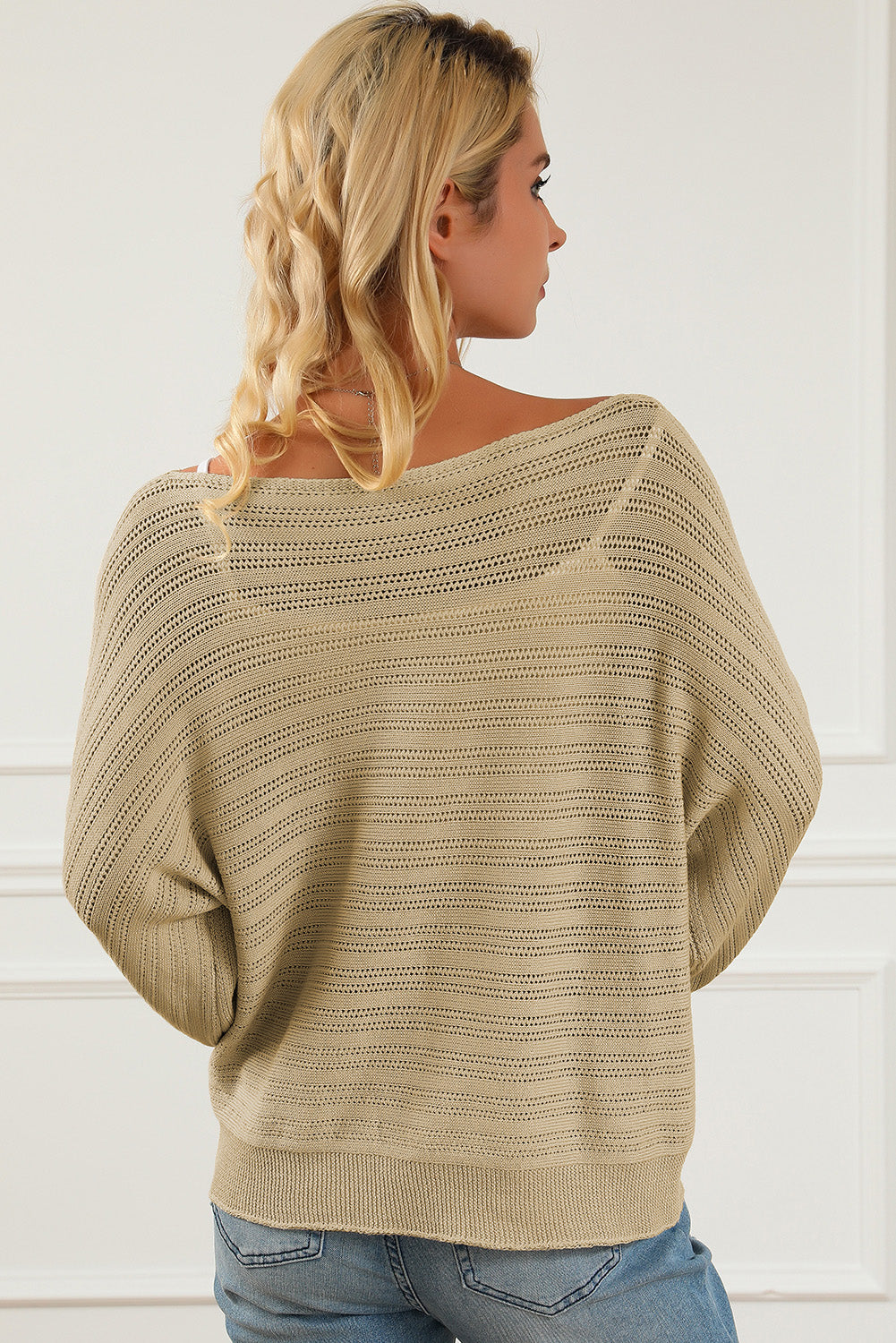 Openwork Boat Neck Lantern Sleeve Sweater-Angel Casuals