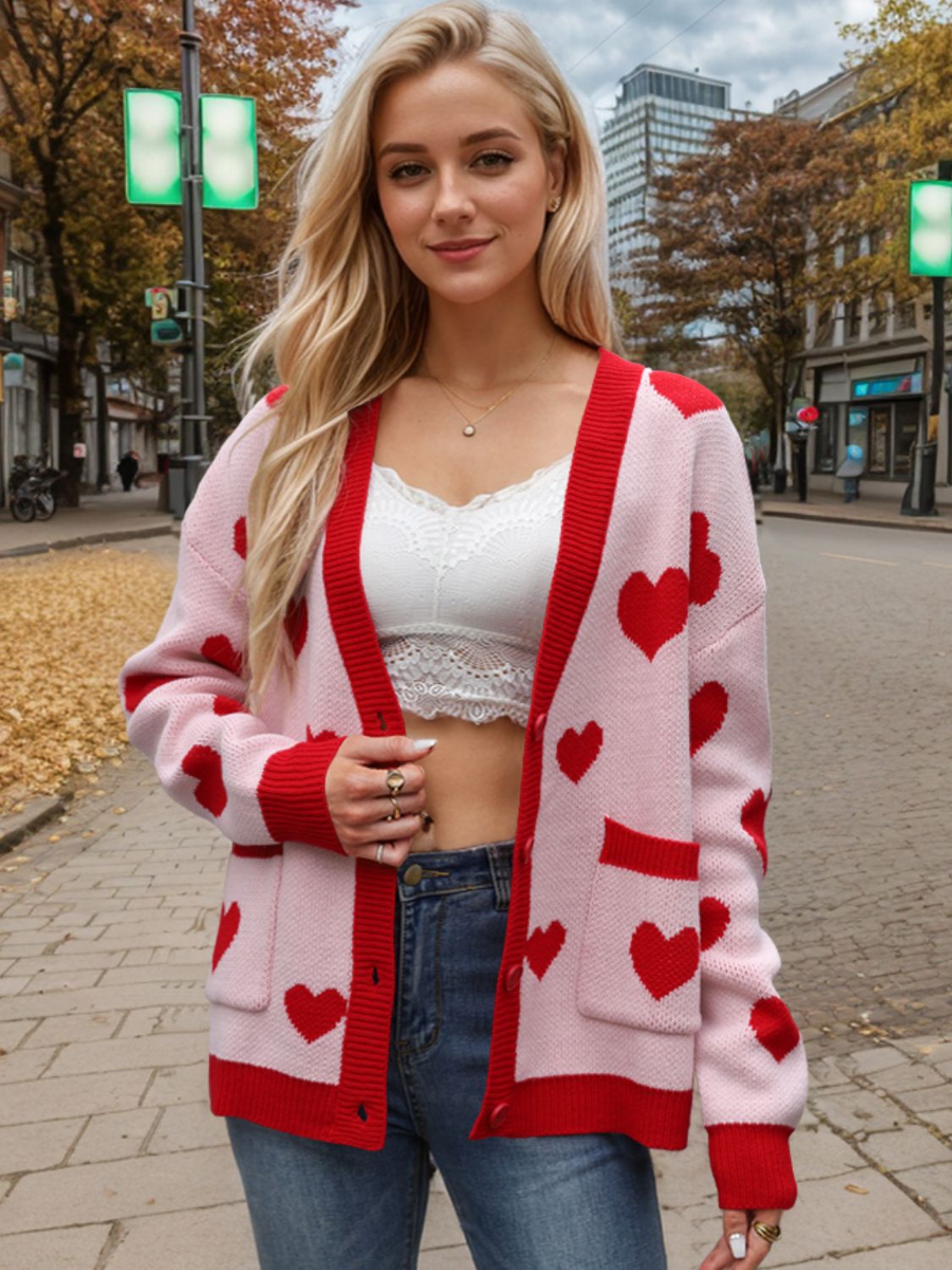 Heart Button Up Dropped Shoulder Long Sleeve Cardigan-Angel Casuals