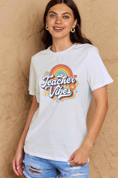 Simply Love Full Size TEACHER VIBES Graphic Cotton T-Shirt-Angel Casuals