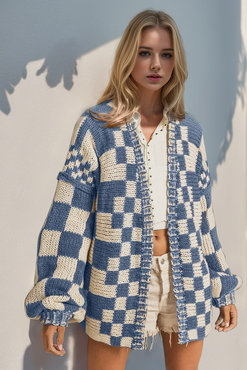 Double Take Full Size Open Front Checkered Drop Shoulder Cardigan-Angel Casuals