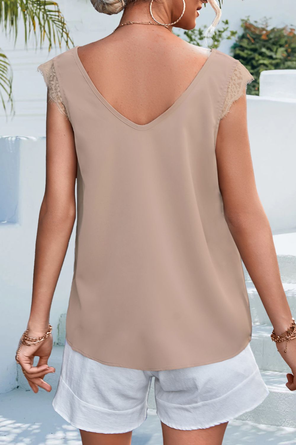 Lace Detail Eyelash Trim V-Neck Tank-Angel Casuals