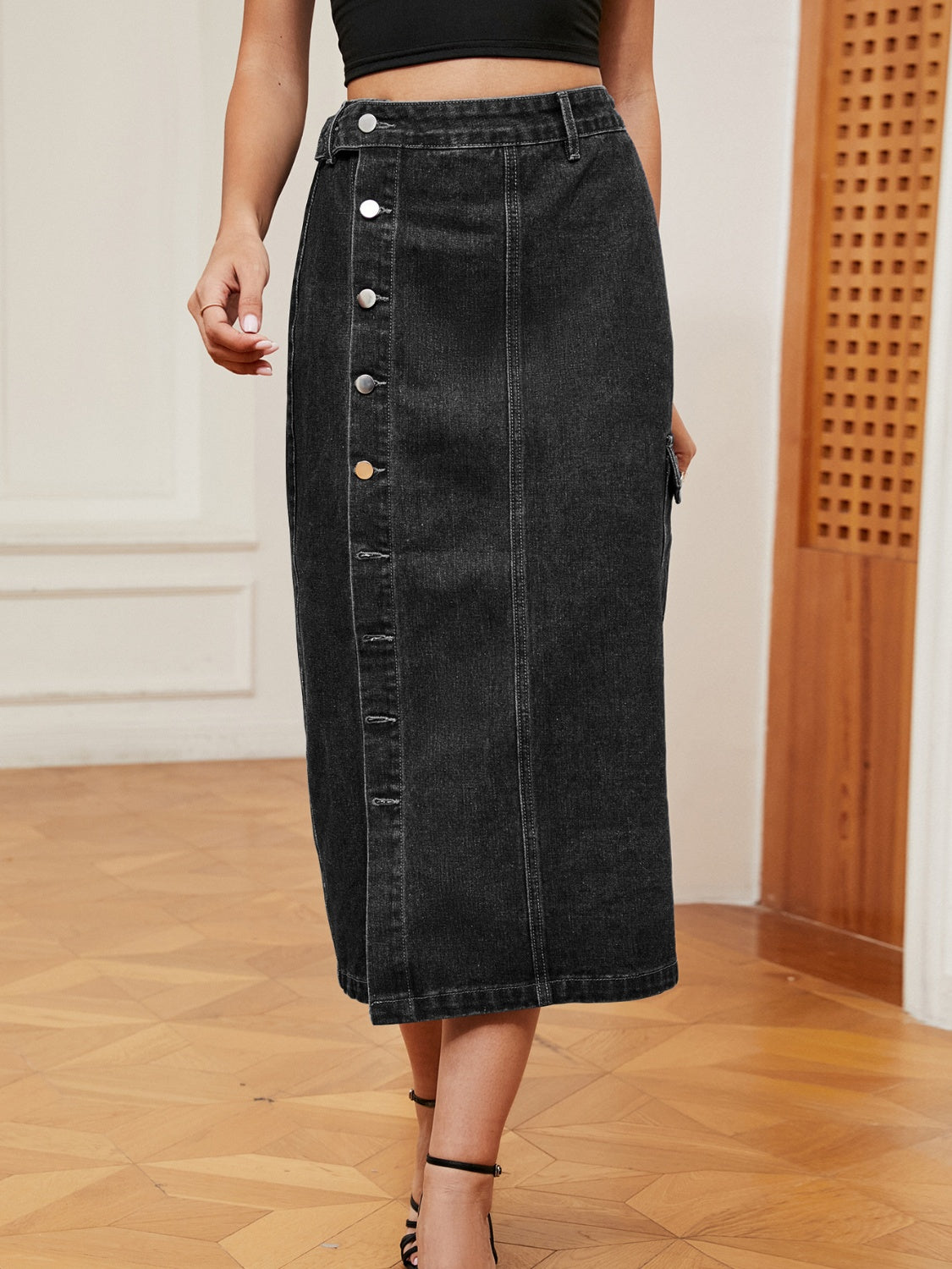 Button Down Midi Denim Skirt-Angel Casuals