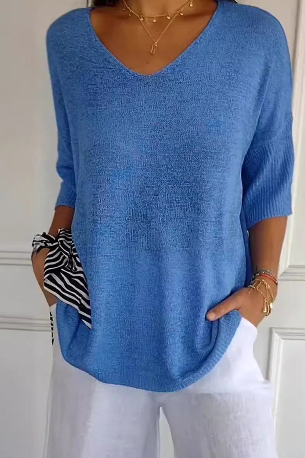 V-Neck Three-Quarter Sleeve Knit Top-Angel Casuals