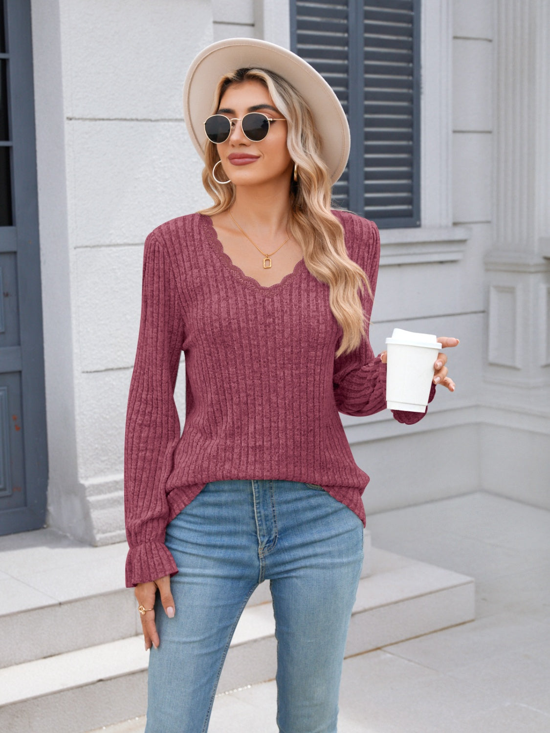 Lace Detail V-Neck Long Sleeve T-Shirt-Angel Casuals