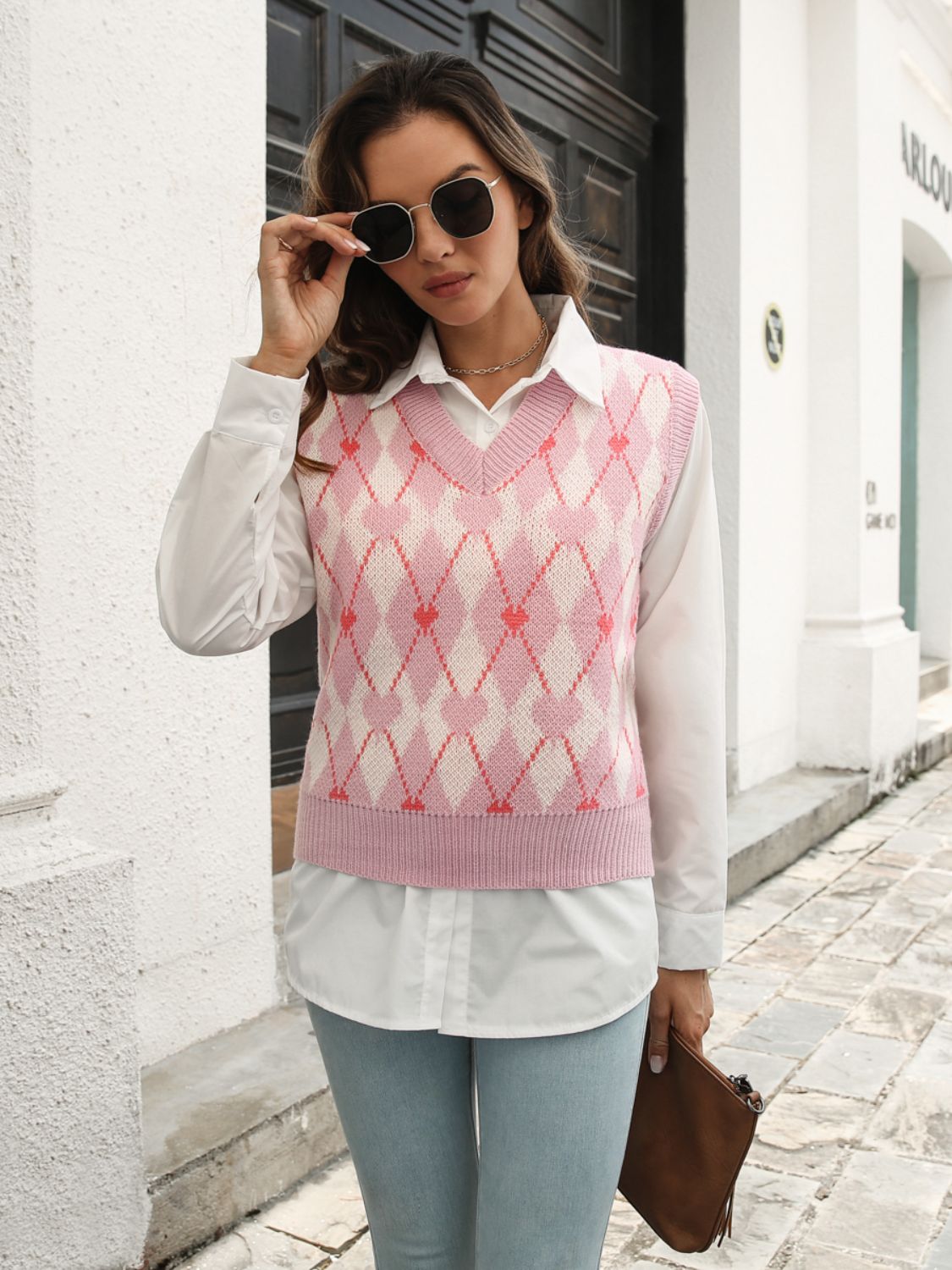 Geometric V-Neck Sweater Vest-Angel Casuals