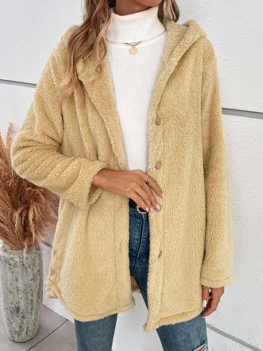 Fuzzy Button Up Hooded Jacket-Angel Casuals