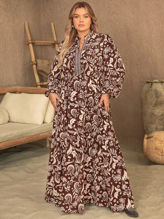 Plus Size Notched Balloon Sleeve Printed Maxi Dress-Angel Casuals